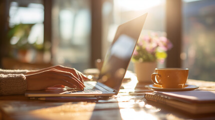 working on laptop in cozy cafe sunlight, warm morning workspace with coffee