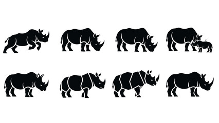 Collection of rhinoceros silhouettes in various poses showcasing animal diversity