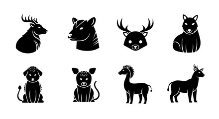 Fototapeta premium Set of stylized black and white animal icons featuring various mammal silhouettes