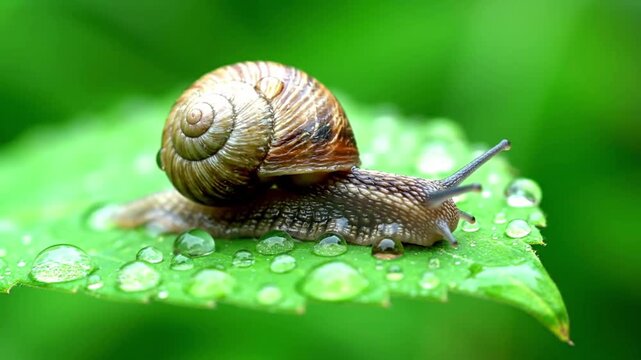 A detailed focus on the snail's shell, showcasing its unique spiral patterns and earthy tones as it moves through a lush, natural environment. Overhead shot, highlighting the shell's geometry and?