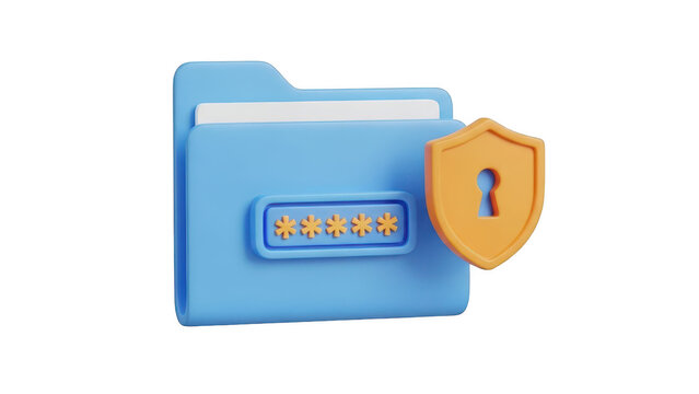 3d rendering of a blue folder with a password protection symbol and an orange shield icon representing data security and privacy isolated on transparent background