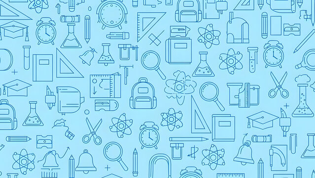 Light blue background with various science and education related icons