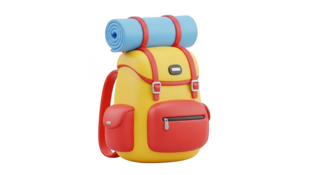 Cute 3d rendering of a yellow and red hiking backpack with a rolled blue sleeping mat attached, isolated on transparent background