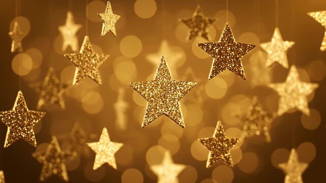 Golden Glittering Stars Dangling With Soft Bokeh Background Warm Amber Light