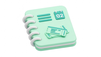 3d icon of a light green spiral notebook with calendar date 02 and travel ticket icon, isolated on transparent background