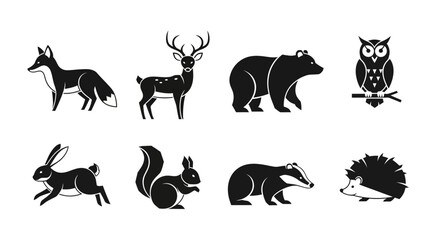 Collection of stylized forest animals icons in black and white vector format illustration