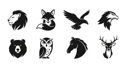 Collection of Black and White Animal Logos Featuring Majestic and Wild Creatures
