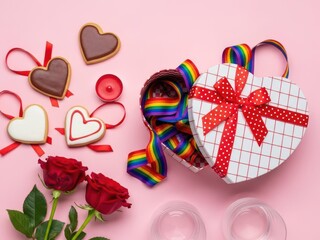 Romantic love celebration with rainbow gift, roses, heart cookies