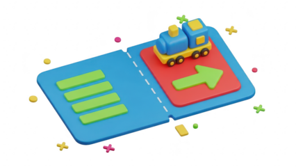 3d illustration of a blue and yellow toy train on an open blue book or board with a green arrow and green bars, isolated on transparent background
