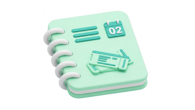3d icon of a light green spiral notebook with calendar date 02 and travel ticket icon, isolated on transparent background - Powered by Adobe