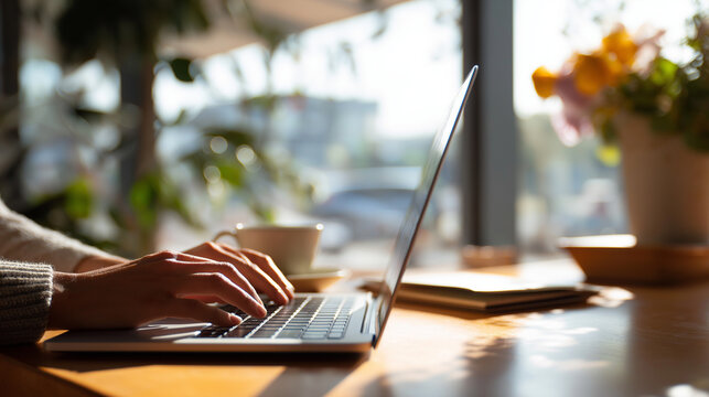 working on laptop in cozy cafe sunlight, warm morning workspace with coffee
