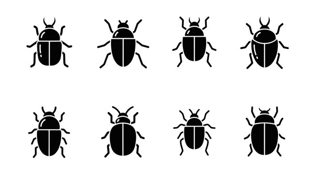 Collection of eight different beetle icons in black silhouette on white background offering