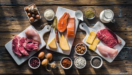 A rich assortment of diverse high-protein foods laid out on a rustic wooden table, showcasing essential ingredients for a balanced and nutritious diet promoting overall health and fitness