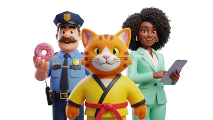 Three diverse 3d character mascot group including a police officer, a martial arts cat, and a businesswoman holding tablet isolated on transparent background