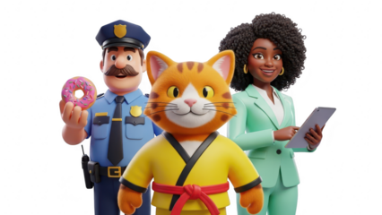 Three diverse 3d character mascot group including a police officer, a martial arts cat, and a businesswoman holding tablet isolated on transparent background