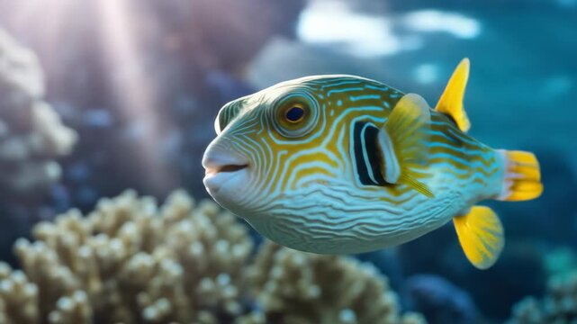 A smiling, striped pufferfish swims in clear blue water near coral, sunlight above