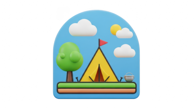 Cute 3d cartoon camping tent icon with tree sun and cloud on blue sky background, isolated on transparent background