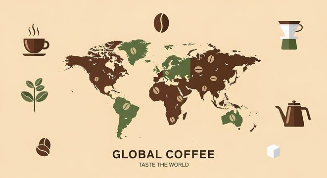 Global Coffee Production Map Illustrating World Regions and Coffee Related Icons.
