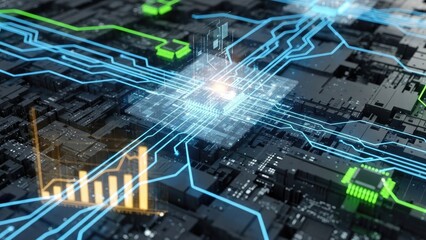Dynamic digital circuit board concept featuring glowing data pathways and a central processor, symbolizing the intricate web of information technology, powerful analytics
