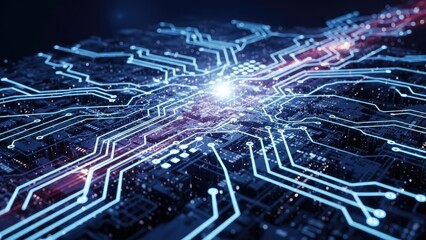 Abstract representation of a futuristic digital circuit board with glowing pathways, symbolizing advanced technological innovation, data processing, and artificial intelligence infrastructure