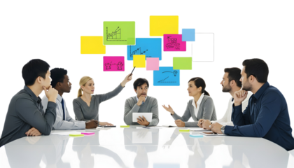 Business team meeting with colorful sticky notes on the background on transparent background