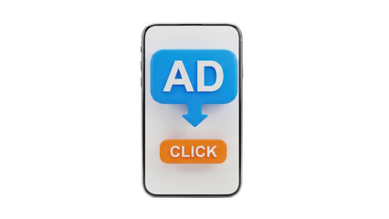 3d rendering of mobile phone screen displaying a blue advertisement bubble with an arrow pointing down to an orange click button, isolated on transparent background