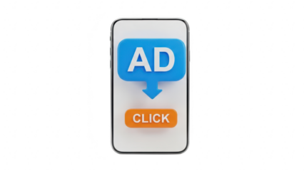 3d rendering of mobile phone screen displaying a blue advertisement bubble with an arrow pointing down to an orange click button, isolated on transparent background