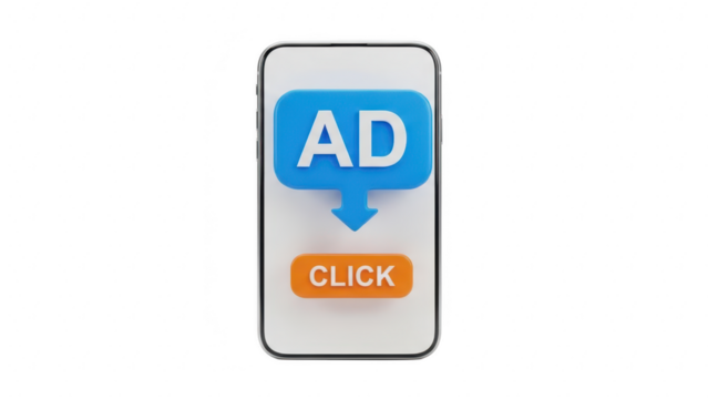 3d rendering of mobile phone screen displaying a blue advertisement bubble with an arrow pointing down to an orange click button, isolated on transparent background