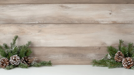 Snow dusted pine branch and pine cone arrangement on rustic wood background