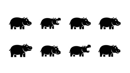Collection of eight hippopotamus illustrations, showcasing various poses and expressions
