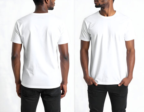 Front and back views of a dark-skinned man wearing a blank white short-sleeved t-shirt and black pants, standing against a plain background.