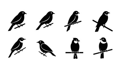 Fototapeta premium Collection of black bird icons on branch silhouettes for elegant design concept