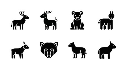 Black animal glyphs icons, deer, dog, donkey, goat, bear, horse and farm animal icons