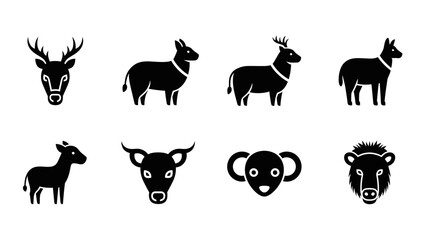 Collection of black silhouette animal icons including deer, cow, koala and others