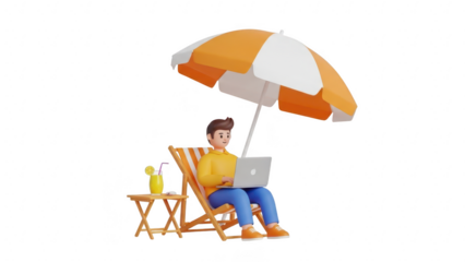 3d character working on laptop while relaxing on beach chair under umbrella with drink, isolated on transparent background