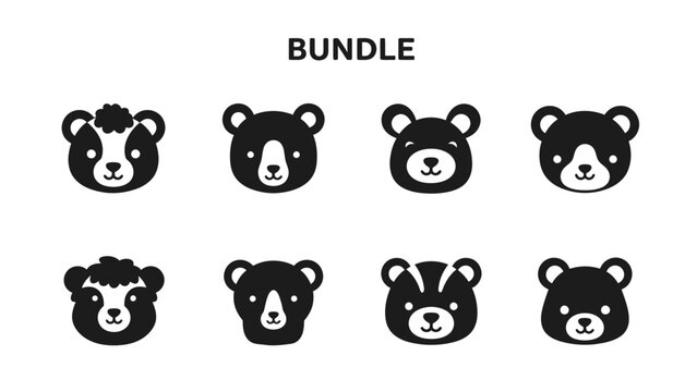 Vector illustration bundle of cute cartoon bear faces in black and white design
