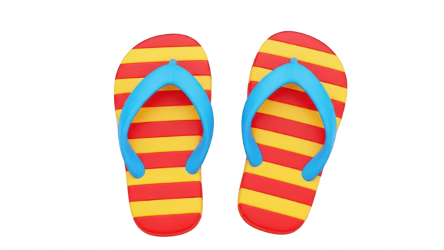 A pair of bright red and yellow striped flip flops with blue straps isolated on transparent background for summer vacation concept
