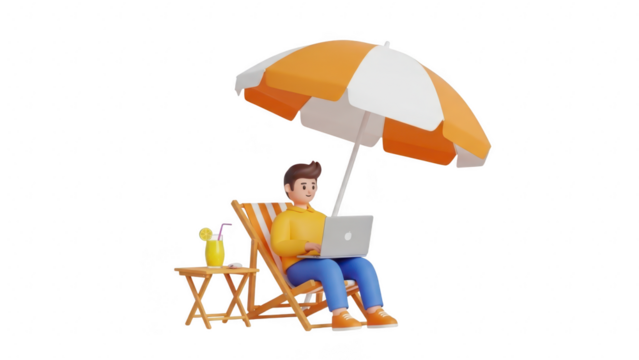 3d character working on laptop while relaxing on beach chair under umbrella with drink, isolated on transparent background