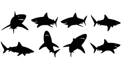 A Set of Silhouetted Sharks Swimming and Posing on White Background Great for Design Projects