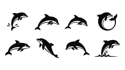 Elegant collection of dolphin silhouettes in various poses on a white background