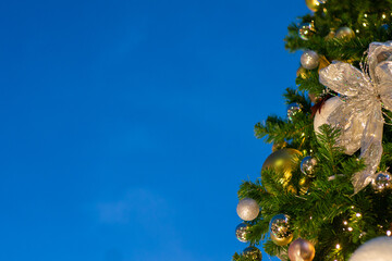 Christmas ball decorate on pine tree branch sunset sky night light merry christmas