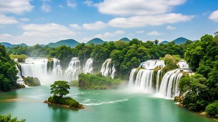 Obraz premium Scenic Tropical Waterfall Landscape with Lush Green Forest and Clear Blue Sky