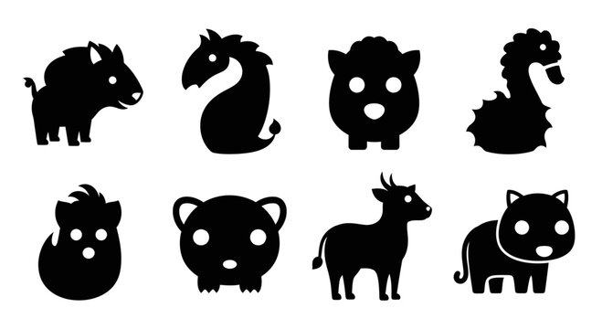 Collection of minimalist animal silhouette icons featuring various farm and mythological creatures