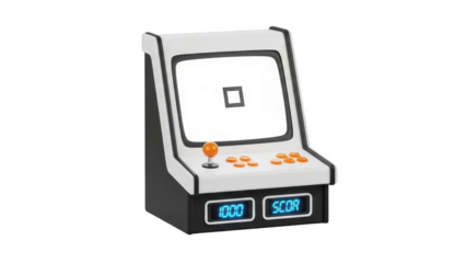 Minimalist 3d rendering of a classic arcade game cabinet with joystick and buttons, isolated on transparent background