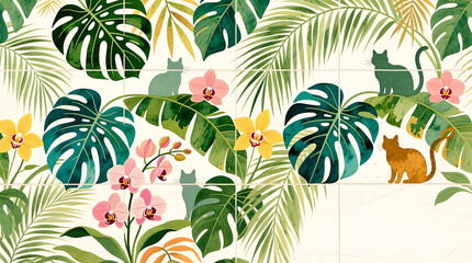 Exotic floral and foliage design featuring tropical leaves, orchids, and feline silhouettes, bringing a vibrant jungle vibe to your creative project
