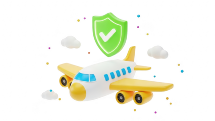 3d cartoon airplane with green shield icon symbolizing travel insurance safety and protection isolated on transparent background