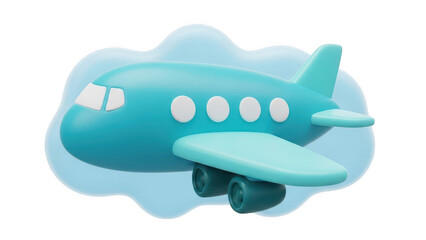 Obraz premium Cute 3d cartoon airplane flying in the sky with a soft cloud shape, isolated on transparent background for travel concept