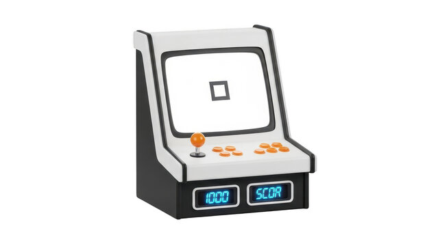 Minimalist 3d rendering of a classic arcade game cabinet with joystick and buttons, isolated on transparent background