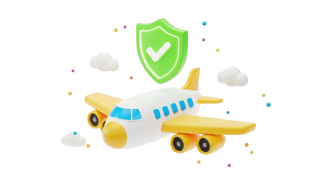 3d cartoon airplane with green shield icon symbolizing travel insurance safety and protection isolated on transparent background