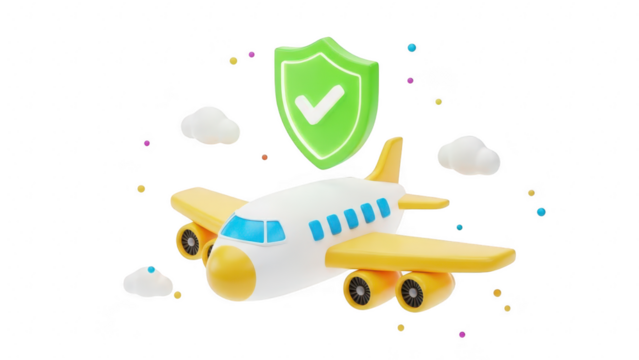 3d cartoon airplane with green shield icon symbolizing travel insurance safety and protection isolated on transparent background - Powered by Adobe